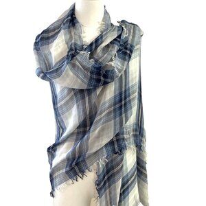Gap Plaid Lightweight  Scarf Wrap Blue Fringe 34X80" Merino Wool Blend Boho NWT